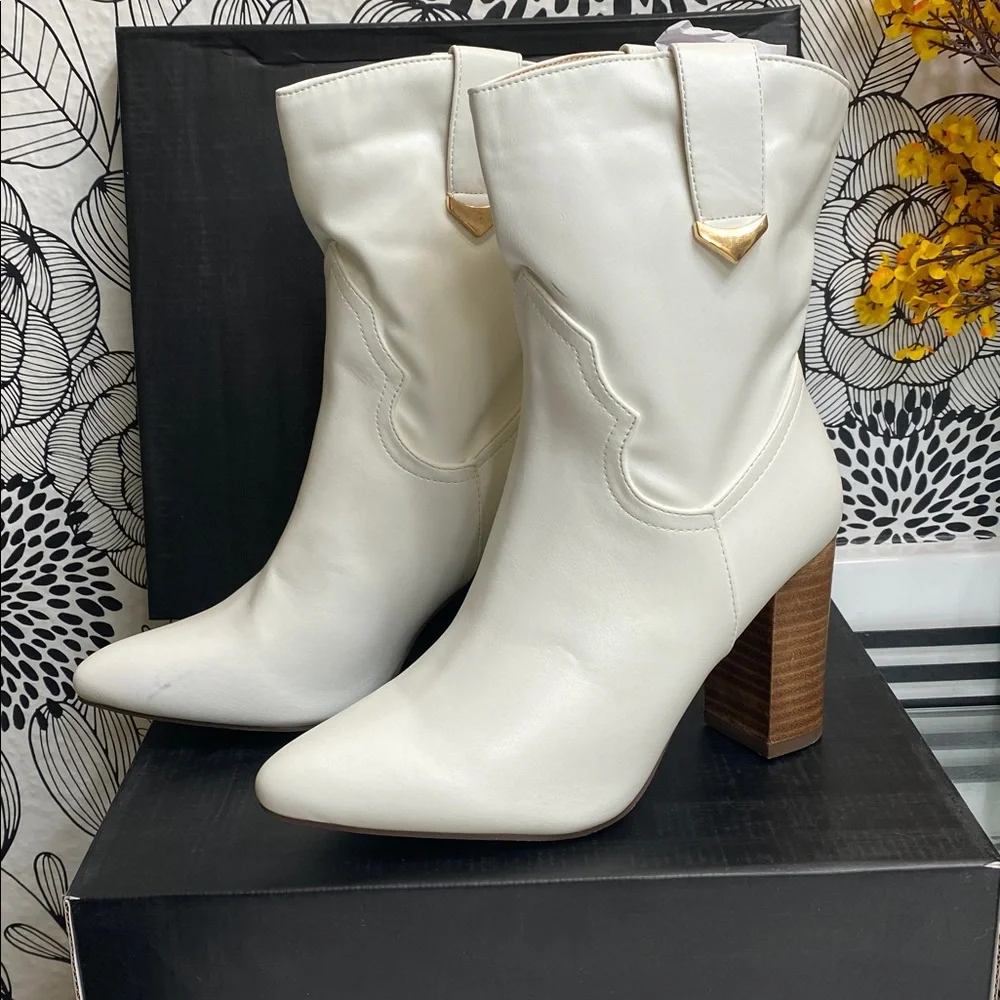 White Block Heel Ankle Booties - Picture 3 of 8